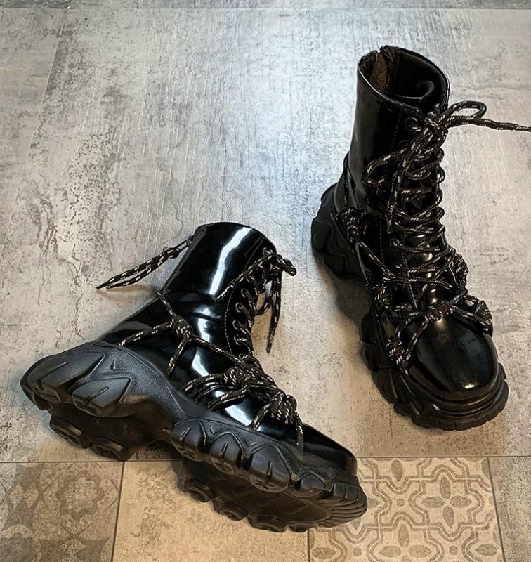 画像3:  women's  Lace-up chunky sole Middle boots   ミドル 丈チャンキーソールレースアップブーツレザーブーツ マーティンブーツ  (3)