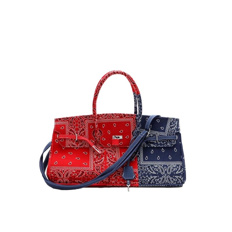 画像8: Paisley trendy ancient cloth handmade large-capacity handbag Birkin style tote bag Messenger bag  　ユニセックス ペイズリーツートンカラー柄  バンダナ柄 キャンバストートショルダーバック　 (8)