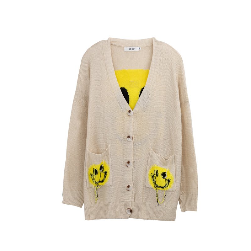 画像2: Smile braided V-neck long length cardigan Oversize Knit cardigan スマイル編み込みVネックロング丈カーディガン オーバーサイズ ニット  (2)
