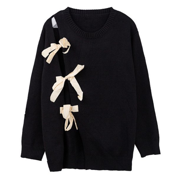 画像1: Bow Knot Black Pullover Knit sweater　ボウ リボンロング丈プルオーバーセーター ニット  (1)