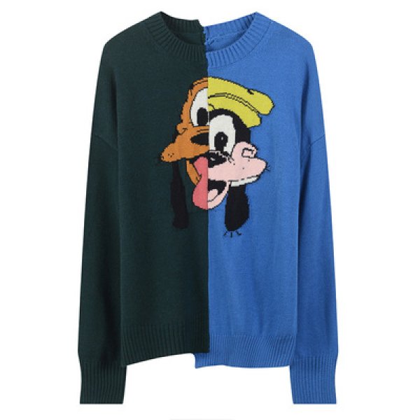 画像1: Women's  Disney's Split Pluto And Goofy Wool Sweater グーフィー プルート イレギュラー アシンメトリー 変形 ドック柄 長袖セーター プルオーバー　 (1)