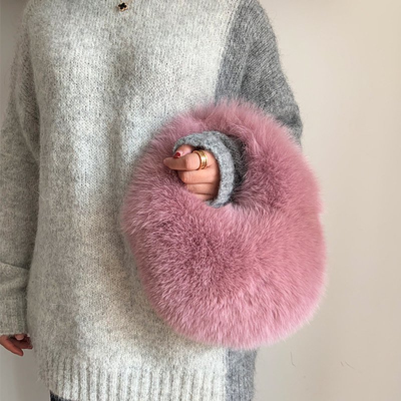 画像13:  woman’s real Fox  hair hand   fur plush bag リアルフォックスファーサークル型モコモコファーバック　トートバック　ハンドバック (13)