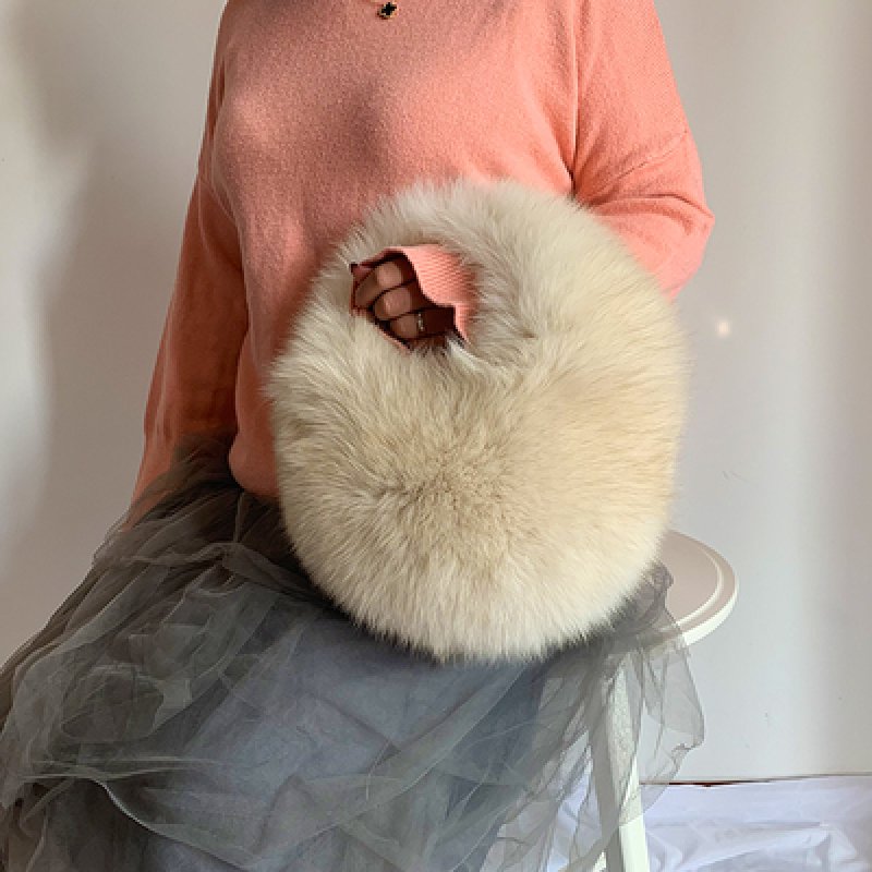 画像12:  woman’s real Fox  hair hand   fur plush bag リアルフォックスファーサークル型モコモコファーバック　トートバック　ハンドバック (12)
