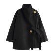 画像1: Big Gold Buckle Black Loose Wool Thick Coat Lace-up Coat Jacket   ビッグゴールドバックルラップコートジャケット (1)