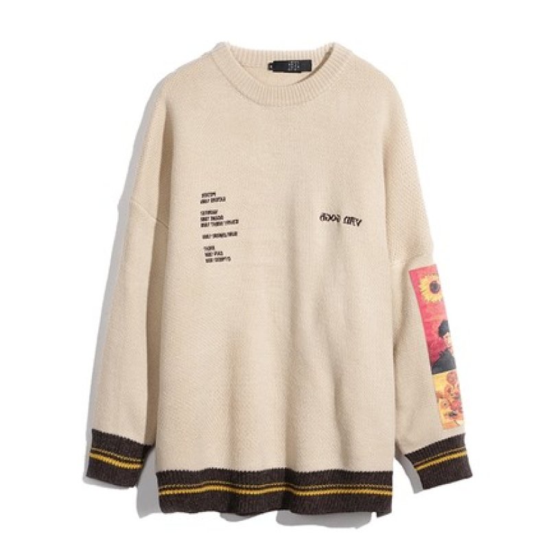 画像9: Cable Knit Sunflowers＆Van Gogh Pullover Sweaters Unisex Pullover loose sweater ユニセックス 男女兼用ゴッホひまわりニットセーター　プルオーバー  (9)
