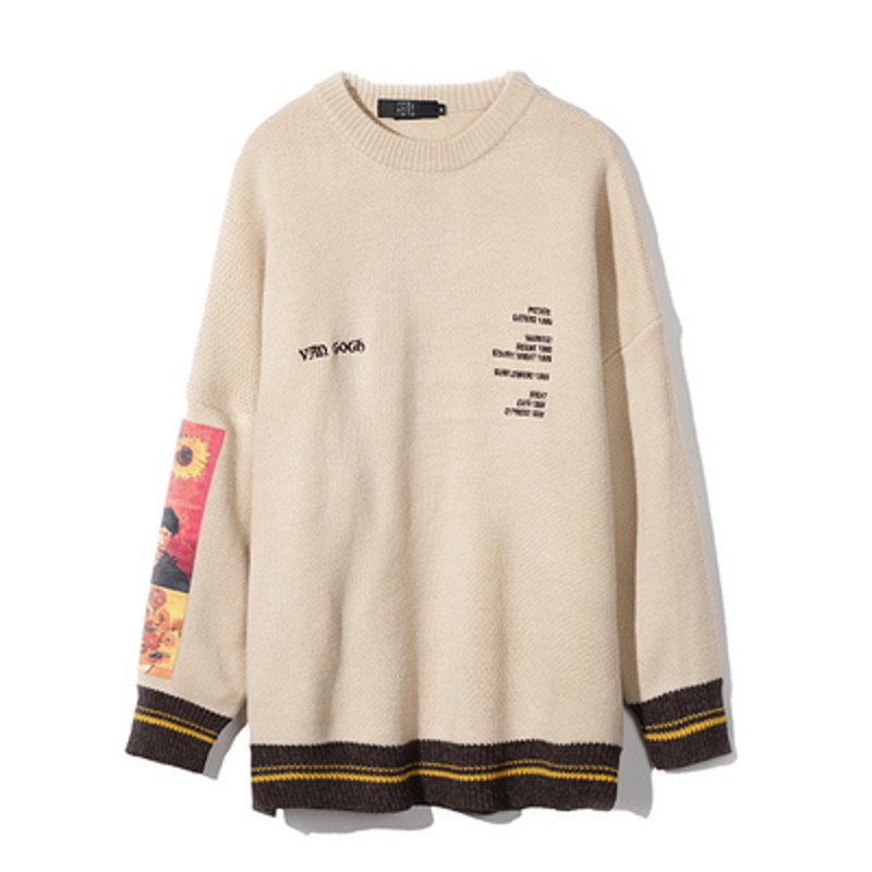 画像5: Cable Knit Sunflowers＆Van Gogh Pullover Sweaters Unisex Pullover loose sweater ユニセックス 男女兼用ゴッホひまわりニットセーター　プルオーバー  (5)