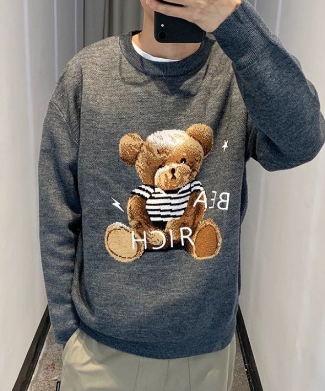 画像4:  Bear Print Knit Sweater Unisex Pullover loose sweater ユニセックス 男女兼用 ベアー編み込みセーター プルオーバー (4)