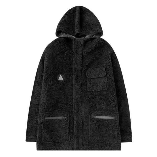 画像1: lamb wool velcro pocket loose hooded cotton jacket men and womenユニセックス 男女兼用ラムウールフリースベルクロジャケット ブルゾン (1)