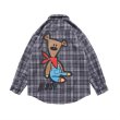 画像3:  Cartoon bear print plaid loose couple shirt　ベア プリントオーバーサイズチェックシャツ ユニセックス男女兼用 (3)
