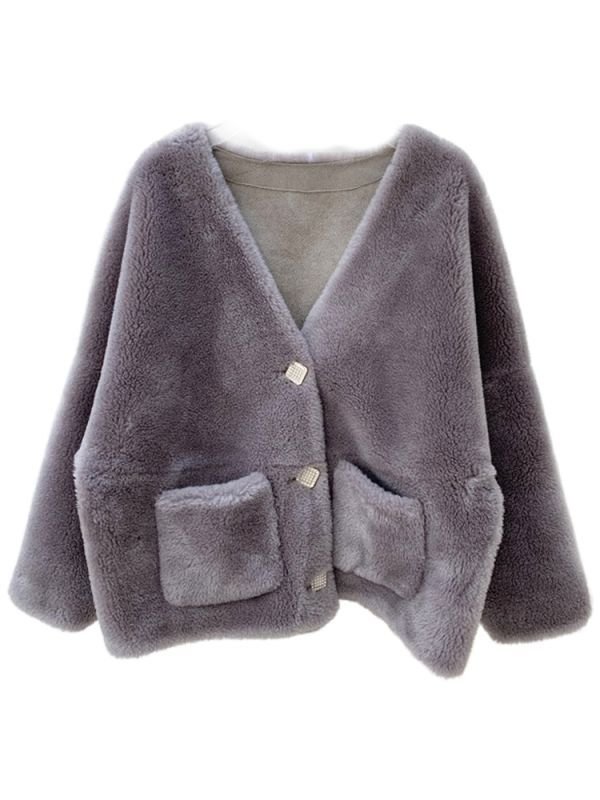 画像2: Light grained sheep shearling Women's composite fur lamb hair short fur coat  ライトグレインシープシャーリングミドル丈コート ジャケット  (2)