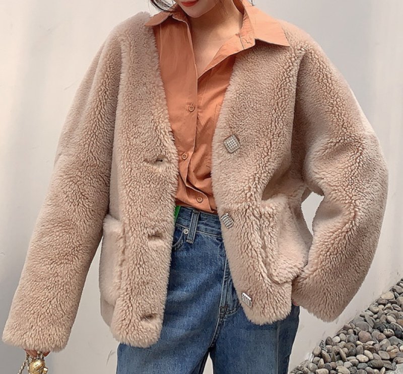画像6: Light grained sheep shearling Women's composite fur lamb hair short fur coat  ライトグレインシープシャーリングミドル丈コート ジャケット  (6)