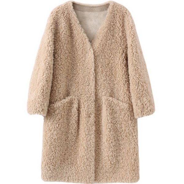 画像1:  V-neck Sheep shearling Lamb hair coat   Vネックラムシャーリングシンプルコート (1)