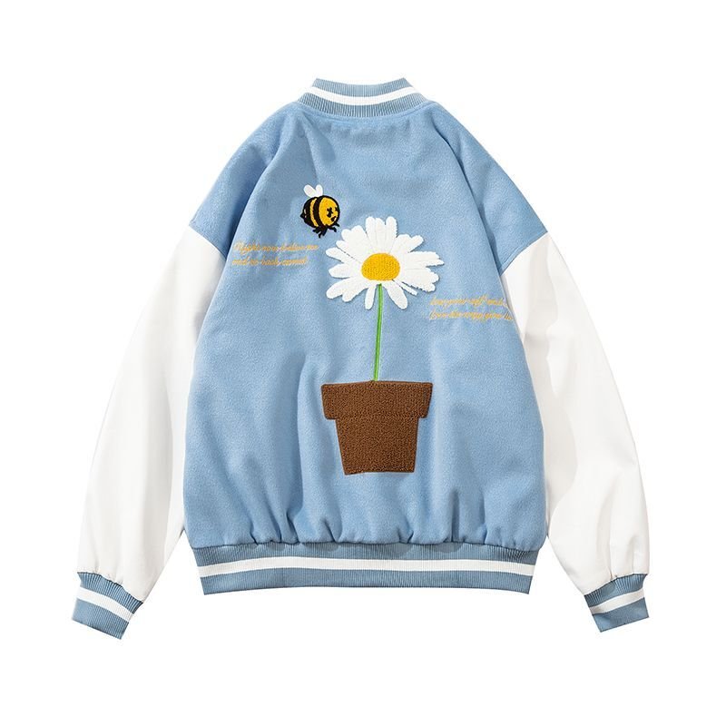 画像4: Unisex Street fashion Daisy embroidery Oversized men's loose  hip-hop jacket uniform  Blouson 　ユニセックス 男女兼用オーバーサイズストリートデイジー刺繍ベースボールジャンパー スタジャン MA-1 ボンバー ジャケット ブルゾン (4)