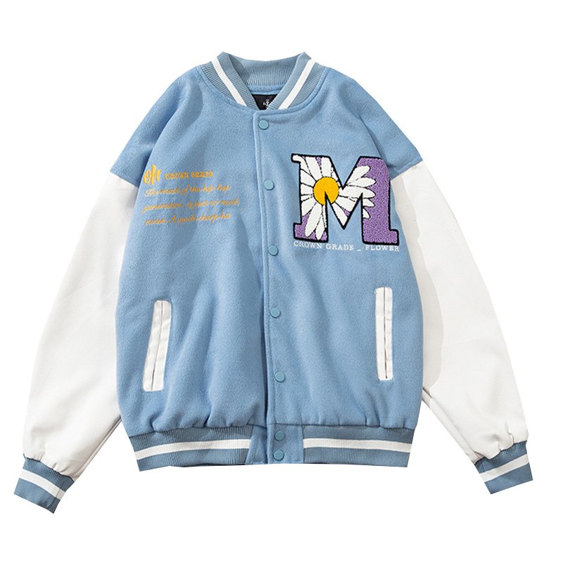 画像3: Unisex Street fashion Daisy embroidery Oversized men's loose  hip-hop jacket uniform  Blouson 　ユニセックス 男女兼用オーバーサイズストリートデイジー刺繍ベースボールジャンパー スタジャン MA-1 ボンバー ジャケット ブルゾン (3)