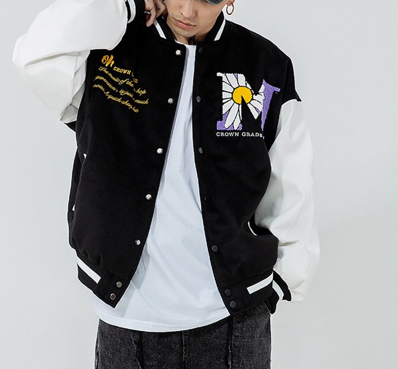 画像8: Unisex Street fashion Daisy embroidery Oversized men's loose  hip-hop jacket uniform  Blouson 　ユニセックス 男女兼用オーバーサイズストリートデイジー刺繍ベースボールジャンパー スタジャン MA-1 ボンバー ジャケット ブルゾン (8)