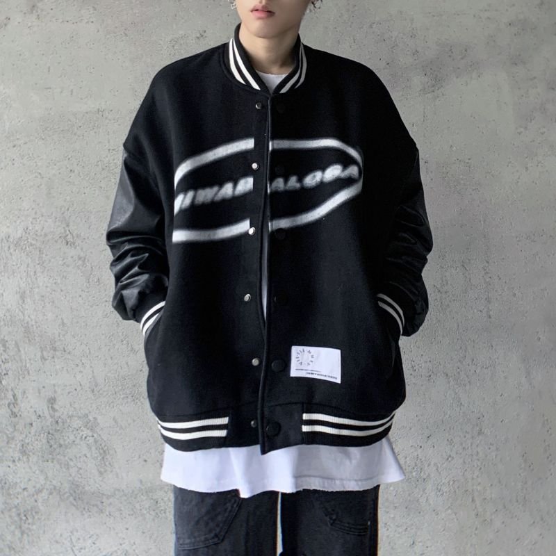 画像5: Unisex oversized Leather sleeve  baseball uniform stadium jumper Hip hop Baseball uniform  Blouson 　ユニセックス 男女兼用オーバーサイズハイストリートベースボールジャンパー スタジャン MA-1 ボンバー ジャケット ブルゾン (5)