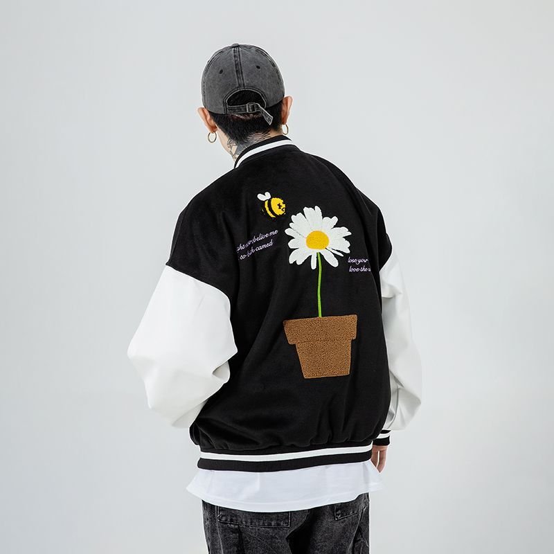 画像6: Unisex Street fashion Daisy embroidery Oversized men's loose  hip-hop jacket uniform  Blouson 　ユニセックス 男女兼用オーバーサイズストリートデイジー刺繍ベースボールジャンパー スタジャン MA-1 ボンバー ジャケット ブルゾン (6)