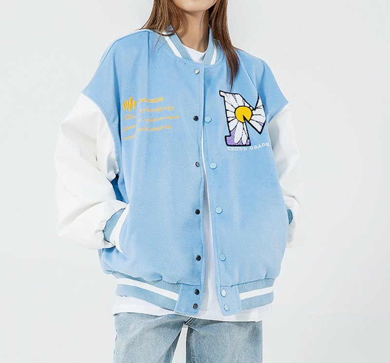 画像7: Unisex Street fashion Daisy embroidery Oversized men's loose  hip-hop jacket uniform  Blouson 　ユニセックス 男女兼用オーバーサイズストリートデイジー刺繍ベースボールジャンパー スタジャン MA-1 ボンバー ジャケット ブルゾン (7)