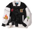 画像2: Unisex Street fashion  Embroidery contrast Oversized men's loose  hip-hop jacket uniform  Blouson ユニセックス 男女兼用オーバーサイズストリートスリーブレザー刺繍ベースボールジャンパー クロス スタジャン MA-1 ボンバー ジャケット ブルゾン (2)