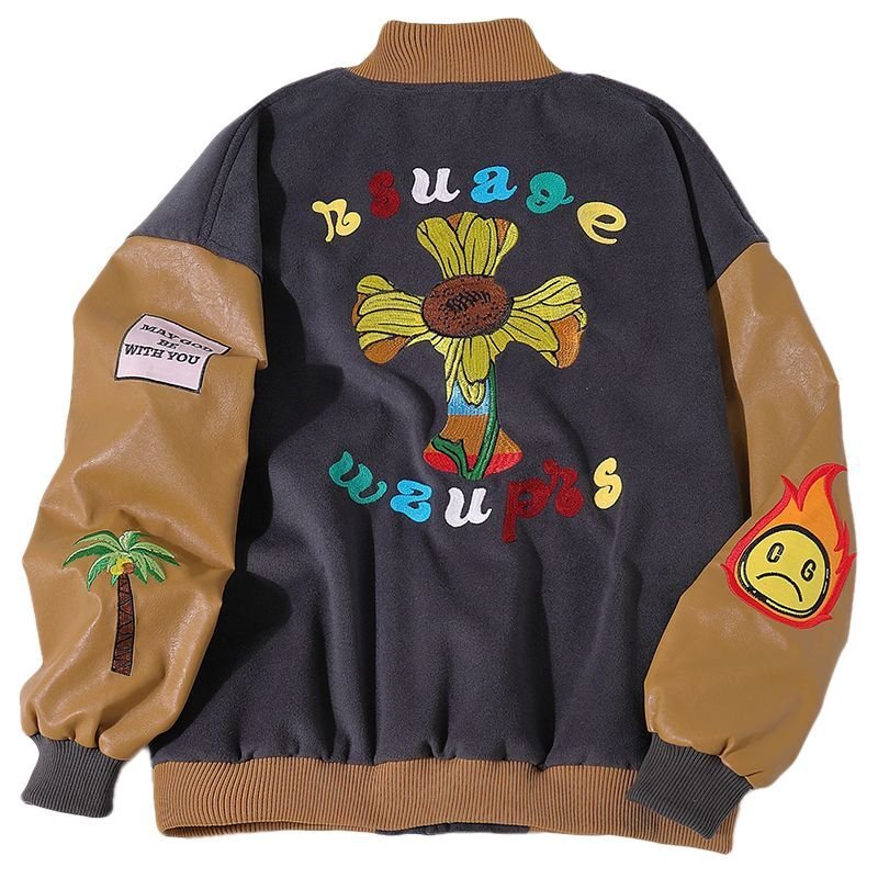 画像3: SALE セール 即納 Unisex Street fashion  Embroidery contrast Oversized men's loose  hip-hop jacket uniform  Blouson  ユニセックス 男女兼用オーバーサイズストリートスリーブレザー刺繍ベースボールジャンパー クロス スタジャン MA-1 ボンバー ジャケット ブルゾン (3)