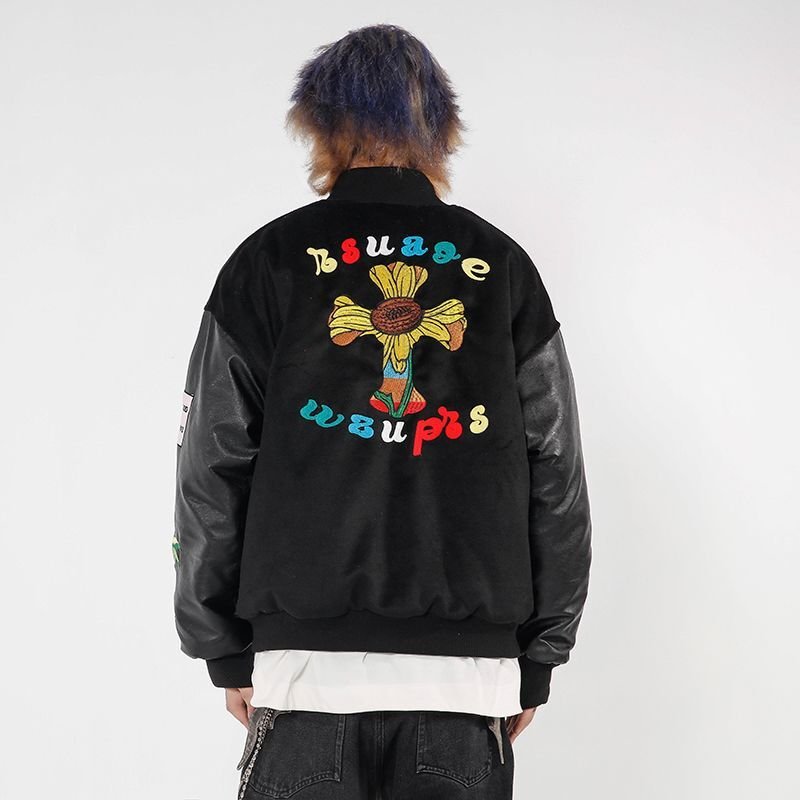 画像6: SALE セール 即納 Unisex Street fashion  Embroidery contrast Oversized men's loose  hip-hop jacket uniform  Blouson  ユニセックス 男女兼用オーバーサイズストリートスリーブレザー刺繍ベースボールジャンパー クロス スタジャン MA-1 ボンバー ジャケット ブルゾン (6)