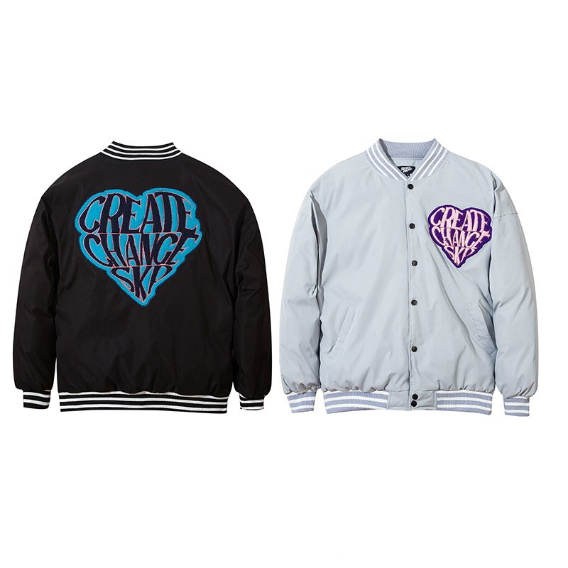 画像5: Heart-shaped letter embroidery Loose baseball uniform couple cotton jacket ユニセックス 男女兼用ハート＆レター刺繍 ジップアップスタジアムジャンパー ジャケット ブルゾン (5)