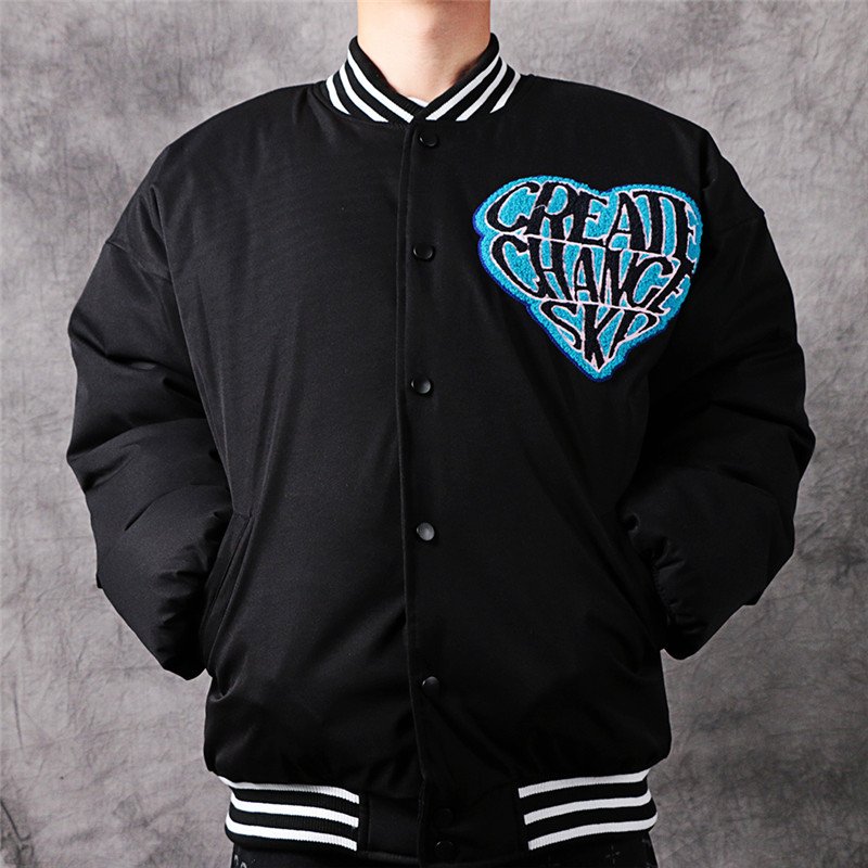 画像7: Heart-shaped letter embroidery Loose baseball uniform couple cotton jacket ユニセックス 男女兼用ハート＆レター刺繍 ジップアップスタジアムジャンパー ジャケット ブルゾン (7)