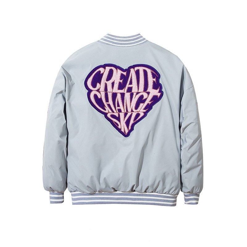 画像1: Heart-shaped letter embroidery Loose baseball uniform couple cotton jacket ユニセックス 男女兼用ハート＆レター刺繍 ジップアップスタジアムジャンパー ジャケット ブルゾン (1)