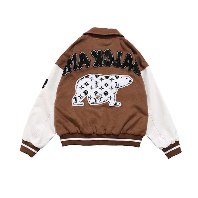 画像2: Retro personality stitch cartoon polar bear embroidery baseball  Loose uniform couple  jacket ユニセックス 男女兼用シロクマ刺繍野球ユニフォームスタジアムジャンパー ジャケット ブルゾンスタジャン (2)