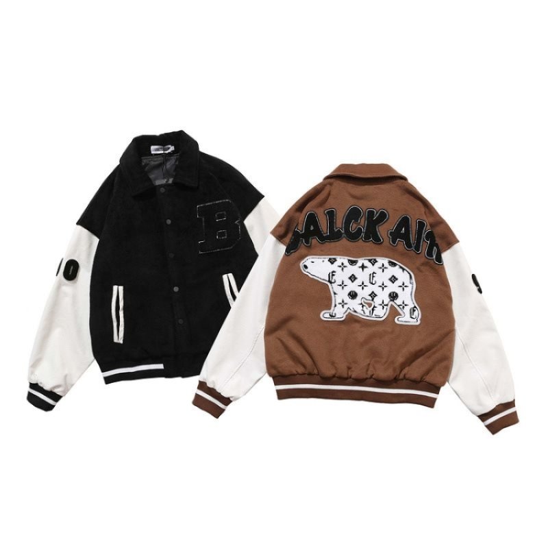 画像9: Retro personality stitch cartoon polar bear embroidery baseball  Loose uniform couple  jacket ユニセックス 男女兼用シロクマ刺繍野球ユニフォームスタジアムジャンパー ジャケット ブルゾンスタジャン (9)