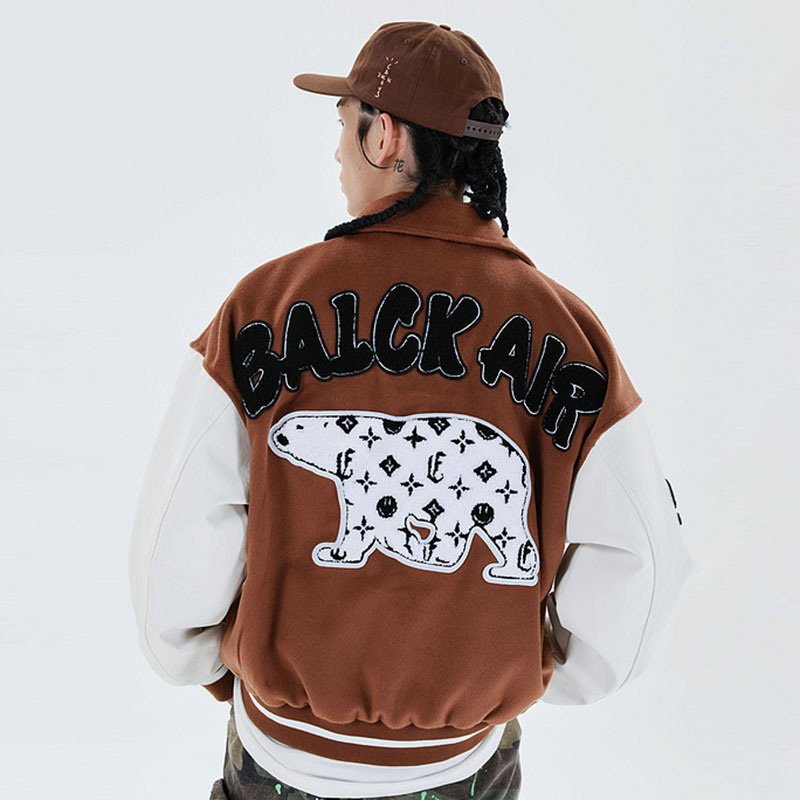 画像6: Retro personality stitch cartoon polar bear embroidery baseball  Loose uniform couple  jacket ユニセックス 男女兼用シロクマ刺繍野球ユニフォームスタジアムジャンパー ジャケット ブルゾンスタジャン (6)