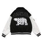 画像1: Retro personality stitch cartoon polar bear embroidery baseball  Loose uniform couple  jacket ユニセックス 男女兼用シロクマ刺繍野球ユニフォームスタジアムジャンパー ジャケット ブルゾンスタジャン (1)