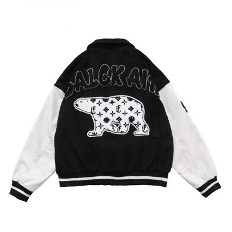 画像1: Retro personality stitch cartoon polar bear embroidery baseball  Loose uniform couple  jacket ユニセックス 男女兼用シロクマ刺繍野球ユニフォームスタジアムジャンパー ジャケット ブルゾンスタジャン (1)