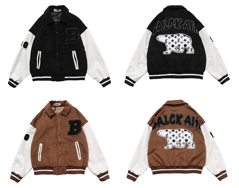 画像5: Retro personality stitch cartoon polar bear embroidery baseball  Loose uniform couple  jacket ユニセックス 男女兼用シロクマ刺繍野球ユニフォームスタジアムジャンパー ジャケット ブルゾンスタジャン (5)