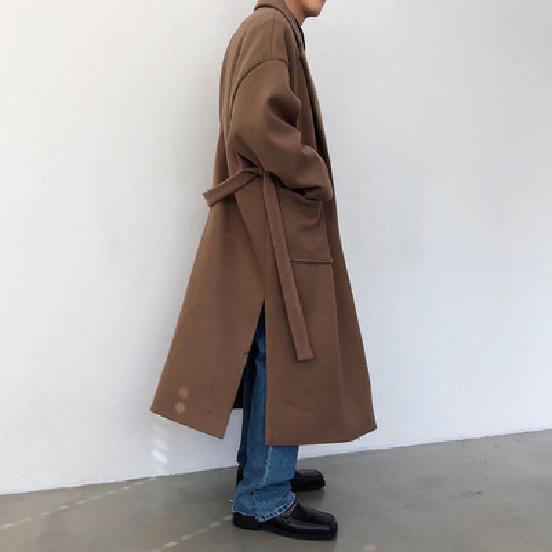 画像4:  Men's mid-length coat Woolen cloth warm jacket ユニセックス 男女兼用ルーズスタイルロングコート (4)