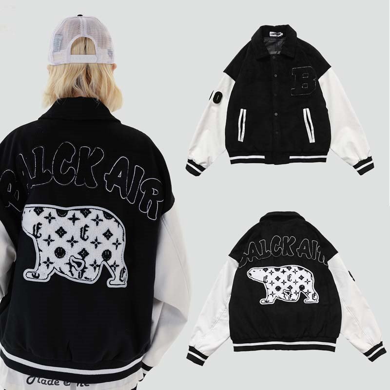 画像8: Retro personality stitch cartoon polar bear embroidery baseball  Loose uniform couple  jacket ユニセックス 男女兼用シロクマ刺繍野球ユニフォームスタジアムジャンパー ジャケット ブルゾンスタジャン (8)