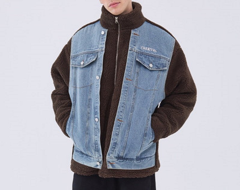 画像8: Two pieces of denim stitching polar fleece jacket 　ユニセックス 男女兼用デニム＆フリースオーバーサイズジャケット ジャンパー  ブルゾンスタジャン (8)