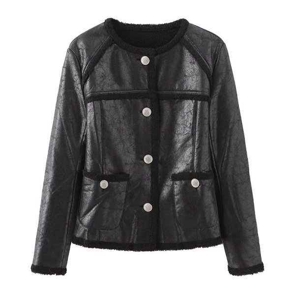 画像1:  Leather no collar piping jacket coat　レザーノーカラートリミングジャケット コート (1)