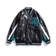 画像1: American street color-blocking motorcycle PU leather jacket baseball  Loose uniform couple  jacket ユニセックス 男女兼用レザーユニフォームスタジアムジャンパー ジャケット ブルゾンスタジャン (1)