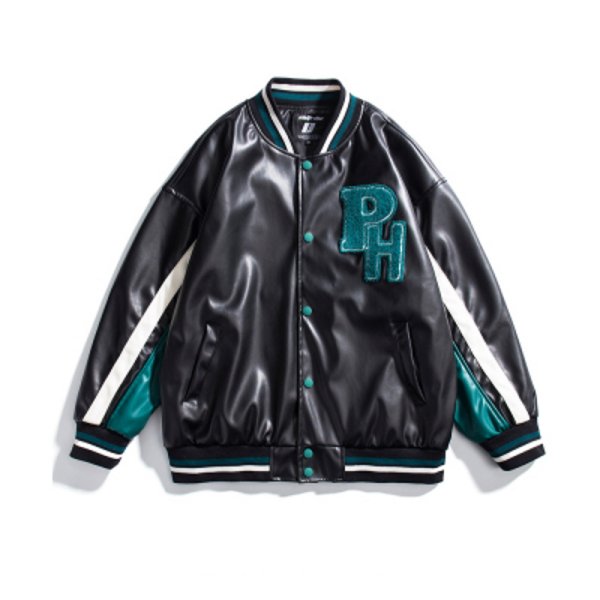 画像1: American street color-blocking motorcycle PU leather jacket baseball  Loose uniform couple  jacket ユニセックス 男女兼用レザーユニフォームスタジアムジャンパー ジャケット ブルゾンスタジャン (1)