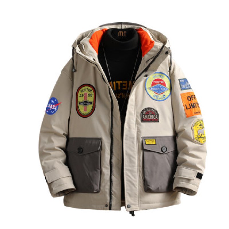 画像11: embroideryNASA logo thick windproof warm creative badge hooded jacket tooling down jacket jacket  ユニセックス 男女兼用 NASA刺繍ダウンコートジャケット ブルゾンスタジャン (11)