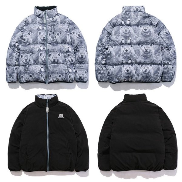 画像1: men and women Bear print reversible high street loose padded jacket down jacket  ユニセックス 男女兼用 ベアー熊プリントリバーシブルダウンコートジャケット ブルゾンスタジャン (1)