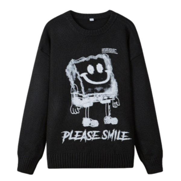 画像1: New men's and women's SpongeBob Please smile print casual crew neck sweater オーバーサイズ ユニセックス 男女兼用スポンジボブプリントカジュアルクルーネックセーター (1)