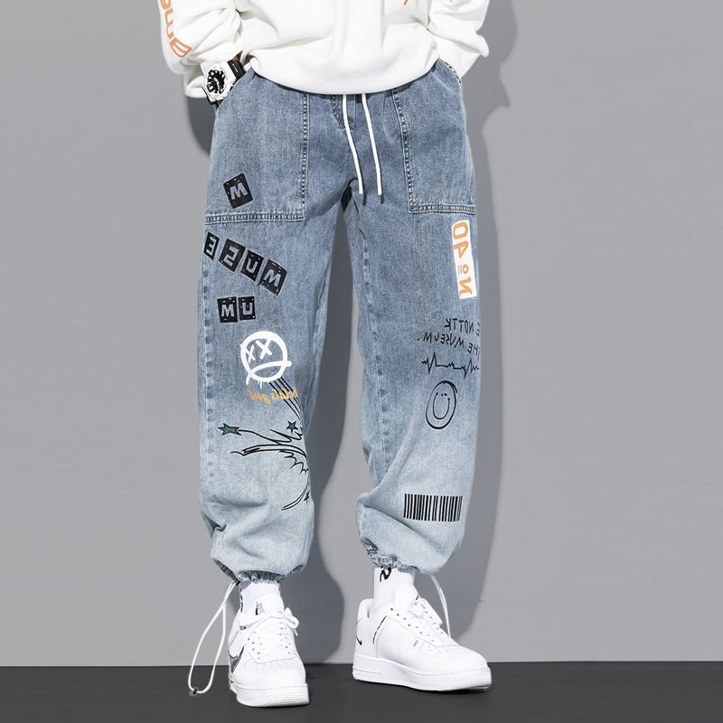 画像3: Men's men and women hip-hop straight wide-leg pants graffiti cartoon trend gradient loose-fitting harem pants ユニセックスパンツ男女兼用レター＆コミックプリントデニムパンツ (3)