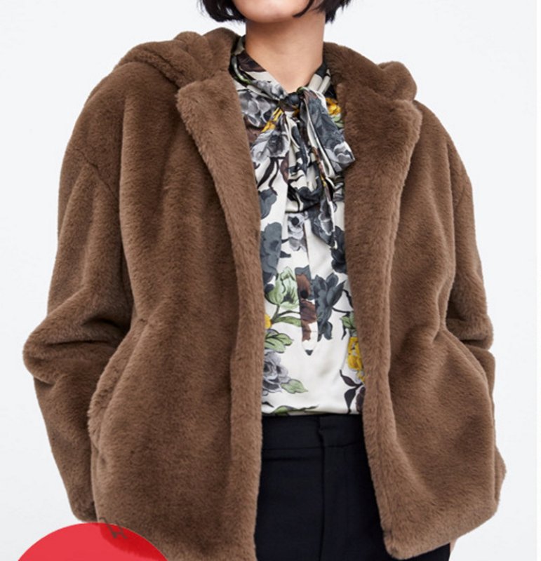 画像4: Women's brown fur-effect fleece hooded jacket coat 　エコファーフーディーモコモコジャケット (4)