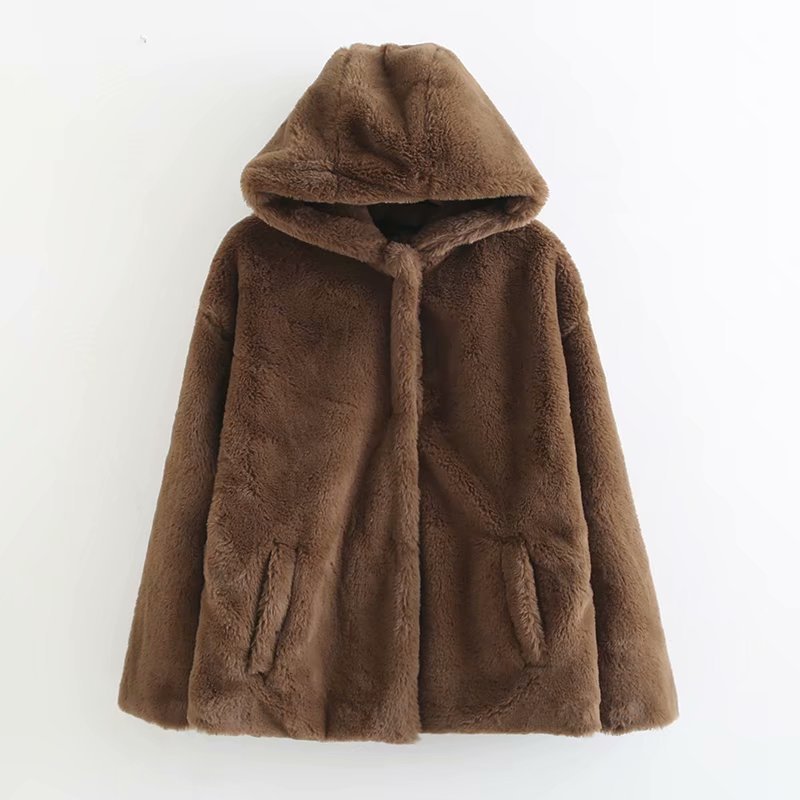 画像2: Women's brown fur-effect fleece hooded jacket coat 　エコファーフーディーモコモコジャケット (2)