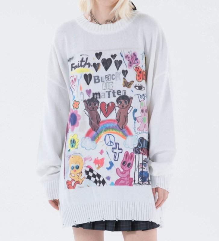 画像5: graffiti ripped sweater loose  knit sweater unisex  オーバーサイズ ユニセックス 男女兼用グラフィックニットセーター プルオーバー (5)
