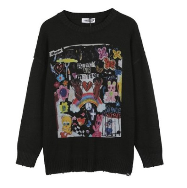 画像1: graffiti ripped sweater loose  knit sweater unisex  オーバーサイズ ユニセックス 男女兼用グラフィックニットセーター　プルオーバー (1)