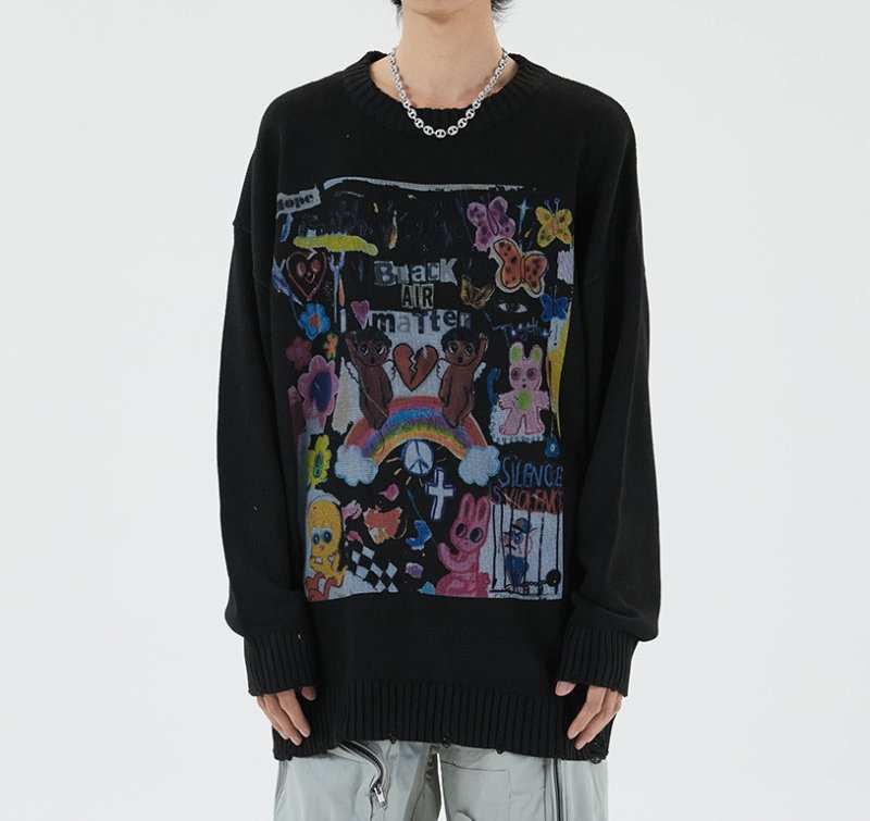 画像4: graffiti ripped sweater loose  knit sweater unisex  オーバーサイズ ユニセックス 男女兼用グラフィックニットセーター プルオーバー (4)