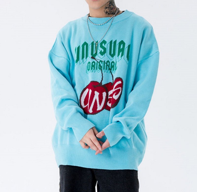 画像3: cherry blossom alphabet jacquard sweater loose  knit sweater unisex  オーバーサイズ ユニセックス 男女兼用チェリーブロッサム&アルファベットジャガードニットセーター プルオーバー (3)